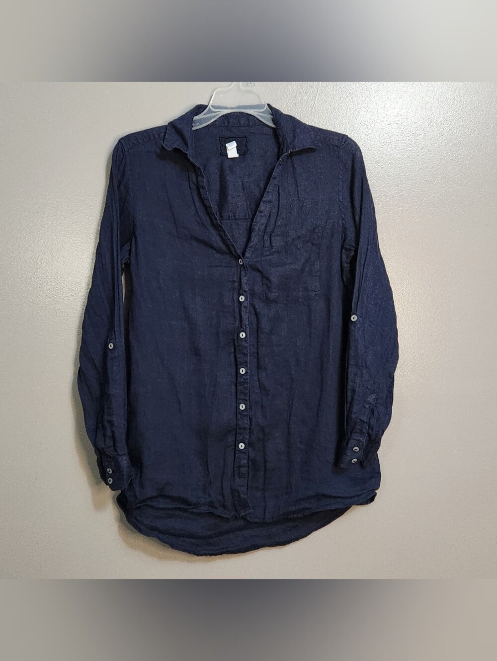 Sigrid Olsen 100% Linen Navy Long-Sleeve Button-Up Shirt Size XS